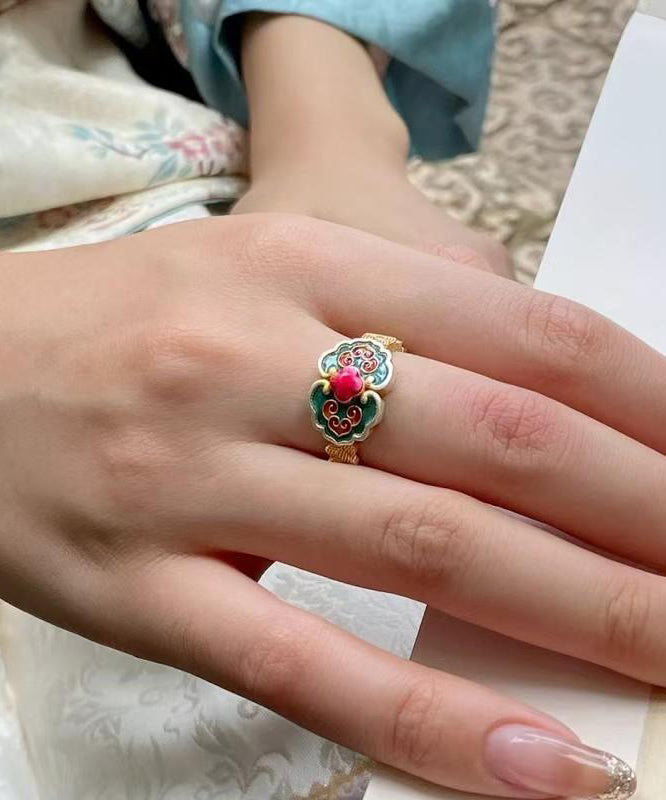 Retro Green Sterling Silver Enamel Rings Two-piece Set