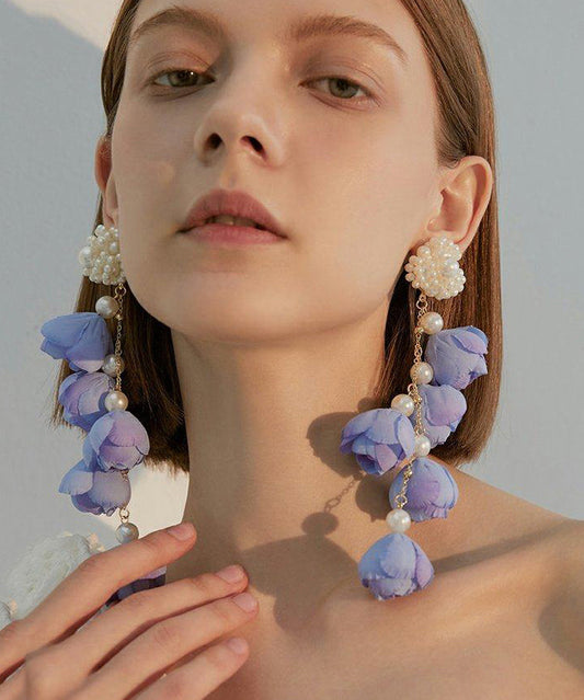 Purple Flower Tasseled Pearl Drop Earrings