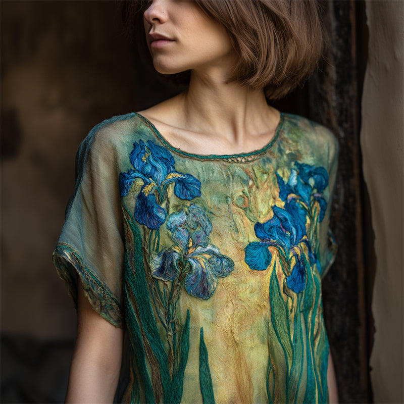 Classy Irises Embroidered Flowy Linen Tunic elevenforest