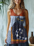 Cute Cat Patchwork Artistic Linen Blend Tank Top elevenforest