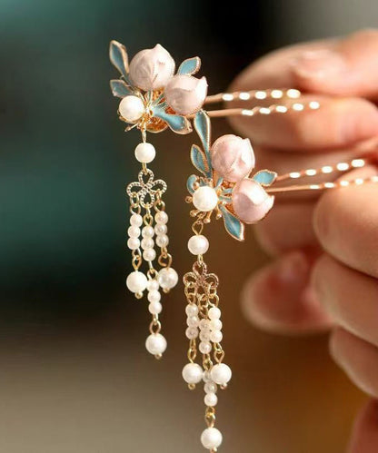 Chinese Style Multicolor Copper Alloy Pearl Drip Glaze Tassel a Pair Hairpin