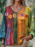 Comstylish Bohemian Vintage Floral Print Women's Linen Shirt