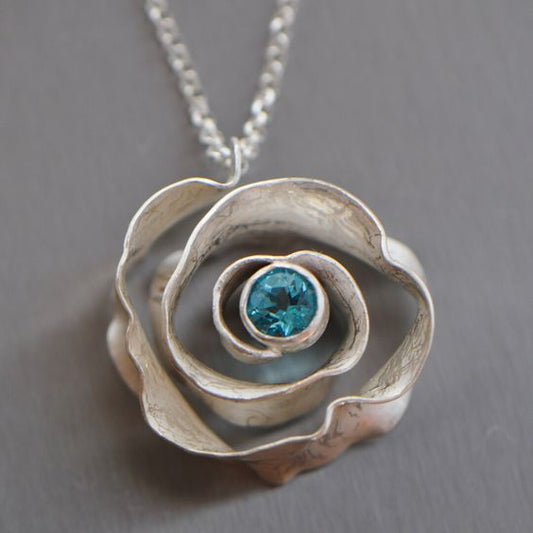 Blue Crystal Flower Silver Necklace