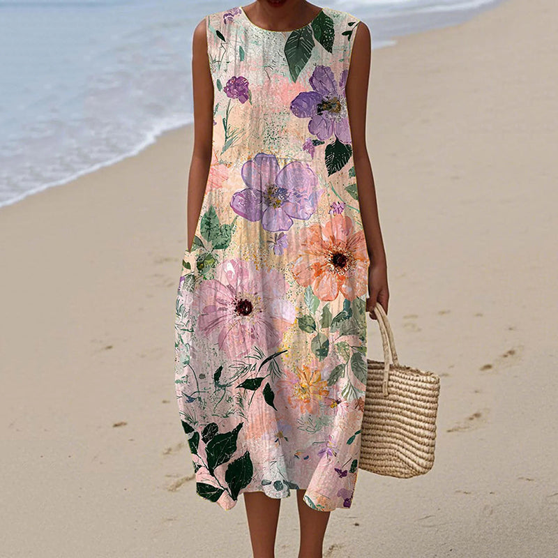 Comstylish Women's Vintage Watercolor Floral Art Print Sleeveless Cotton Dress
