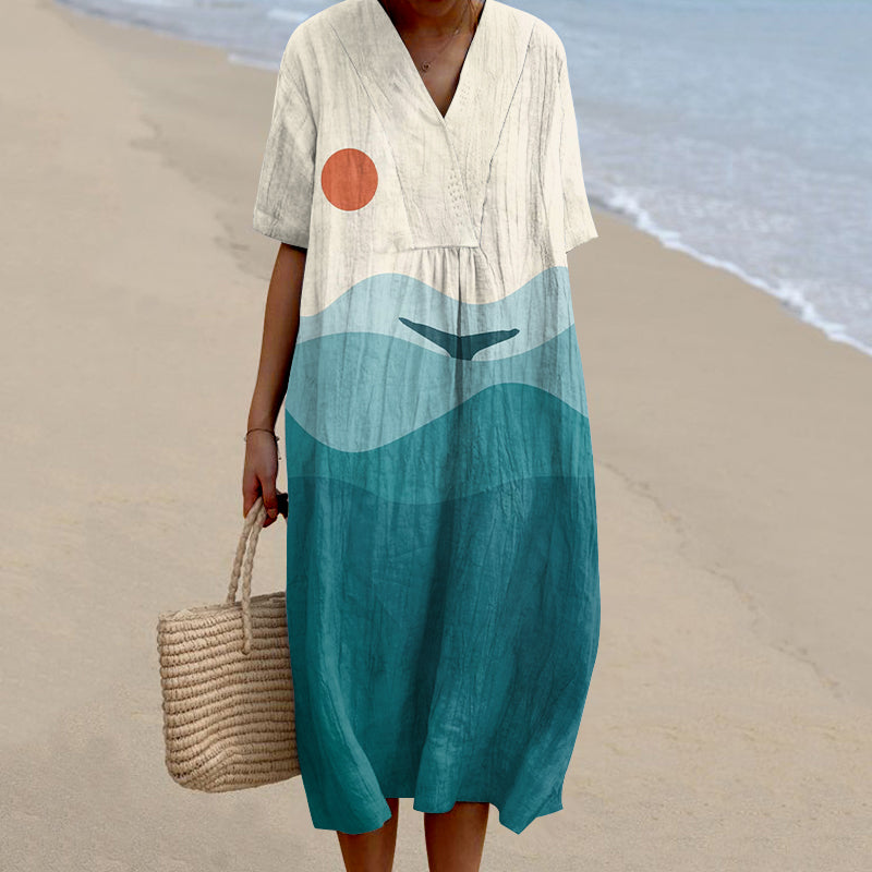 Women's Sun & Ocean Art Linen V-neck Dress elevenforest