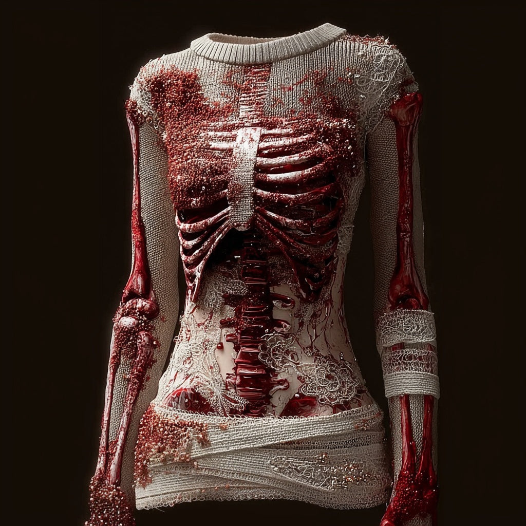 Comstylish Elegant Skeleton Bloody Lace Bandages Round Neck Sweater