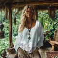 Retro Bohemian Floral Lace Patchwork Art Cotton And Linen Blend Loose Blouse elevenforest