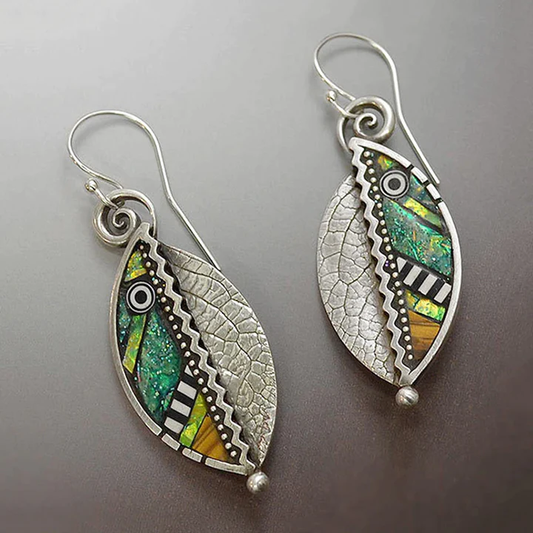 Green Crystal Leaf Silver Earrings
