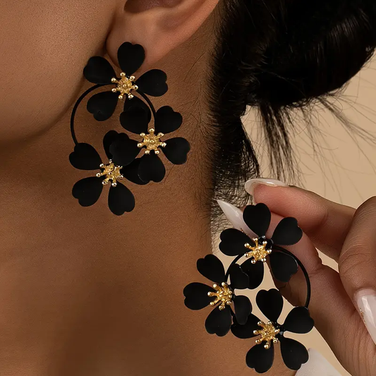 Black Flower Dangling Earrings