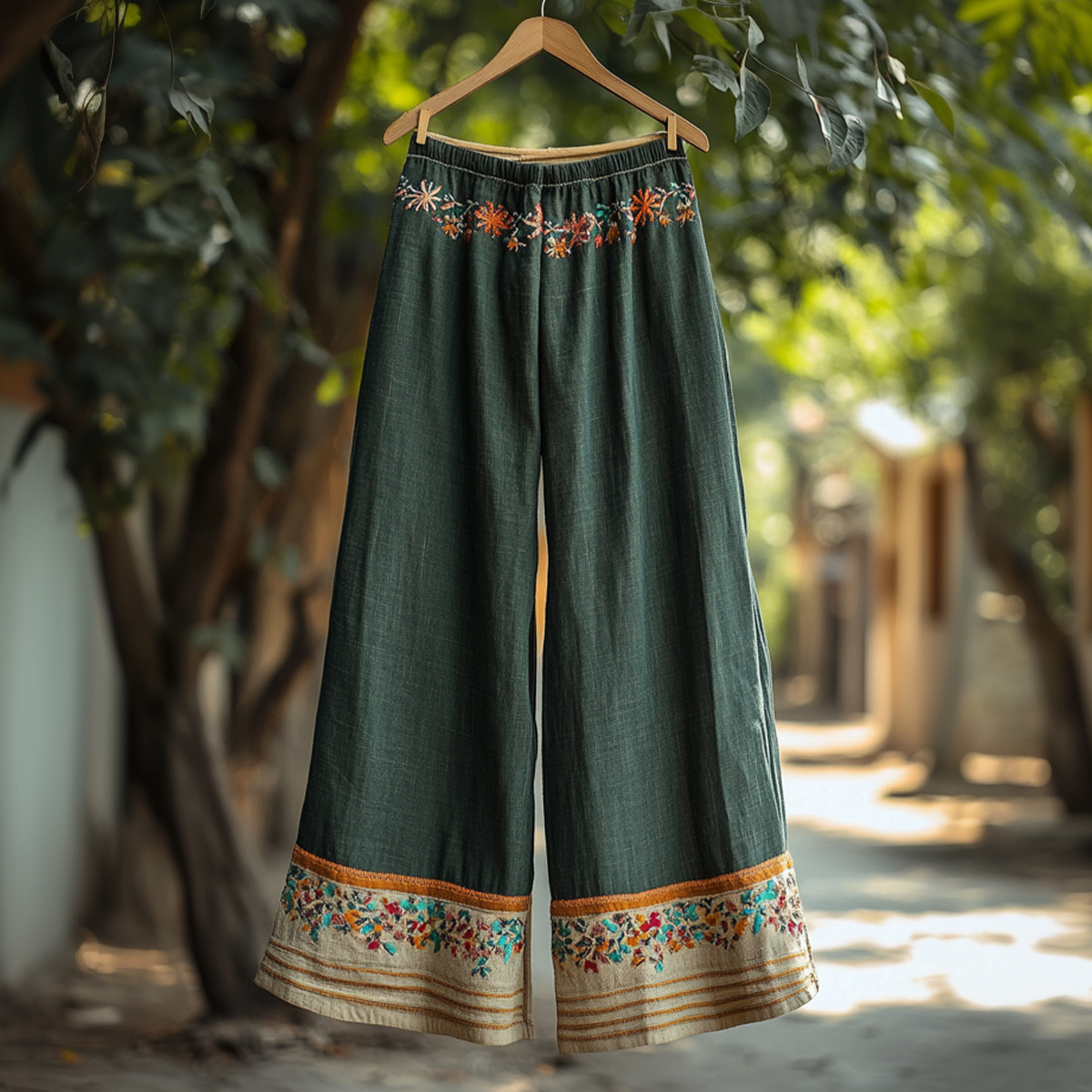Comstylish Vintage Embroidered Flower Linen Blend Casual Pants