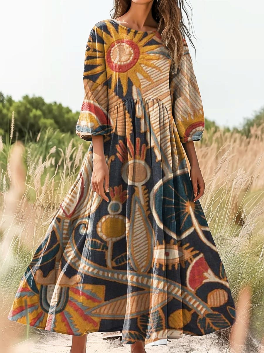 Women's Vintage Ethnic Art Print Flowy Cotton Crew Neck Dress