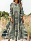 Women's Vintage Bohemian Floral Art Print Flowy Cotton Crew Neck Dress