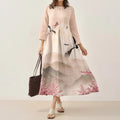 Japanese Retro Cherry Blossom With Crane Print Art Comfy Maxi Dress elevenforest