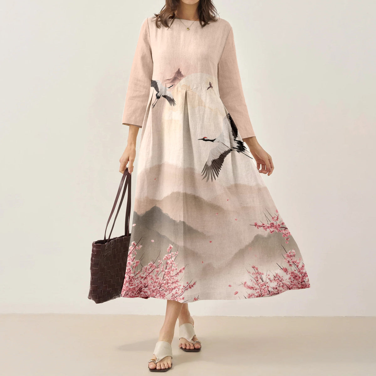Japanese Retro Cherry Blossom With Crane Print Art Comfy Maxi Dress elevenforest