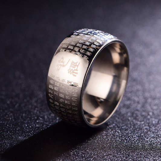 10mm Titanium Steel Heart Sutra Spiritual Ring for Balance