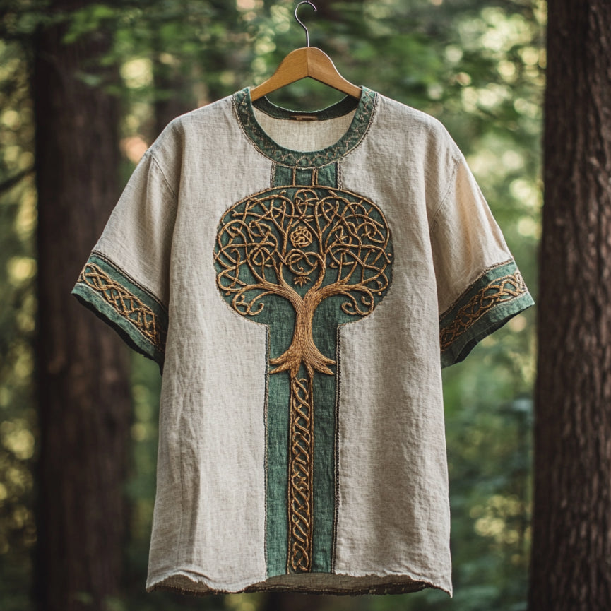 Men's Viking Tribal Tree Of Life With Celtic Art Linen T-shirt elevenforest
