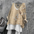 Comstylish Women's Japanese Floral & Birds Art V-neck Linen Blend T-shirt