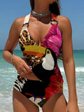 Women's Vintage Toucan Art Print Summer Beach Halter Top And Solid Color Triangle Briefs Tankini Set