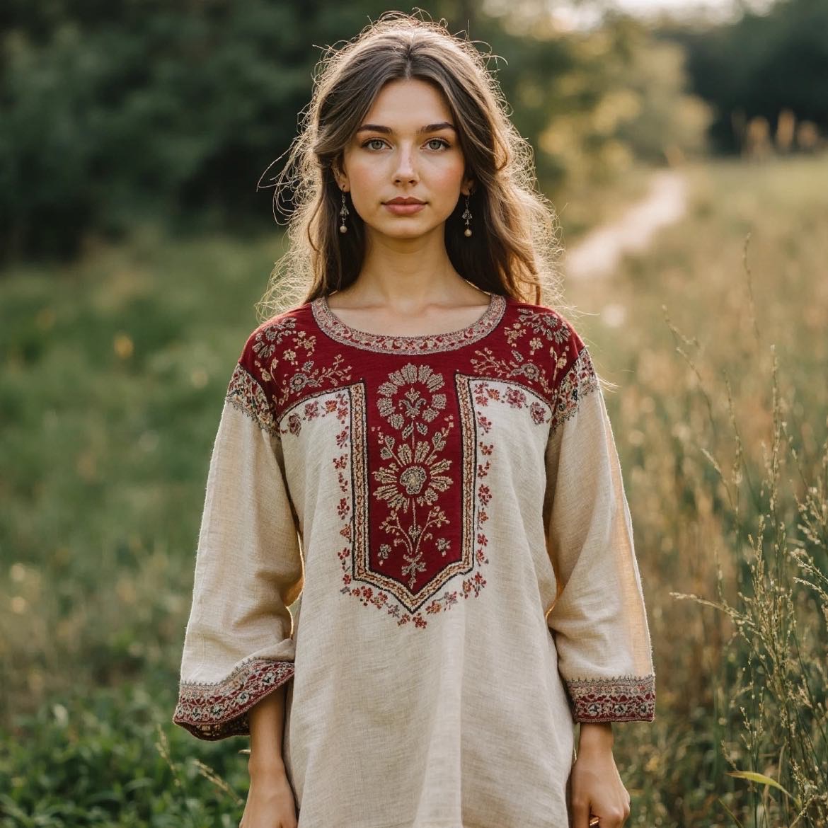 Casual Ethnic Style Embroidered Linen Round Neck Long Sleeve Shirt elevenforest