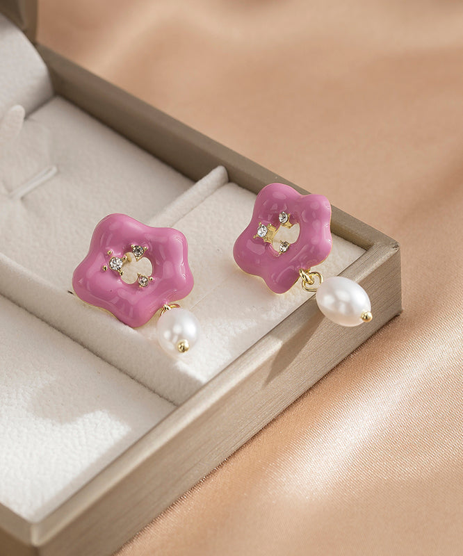 Pink Alloy Pearl Drip Glaze Drop Earrings