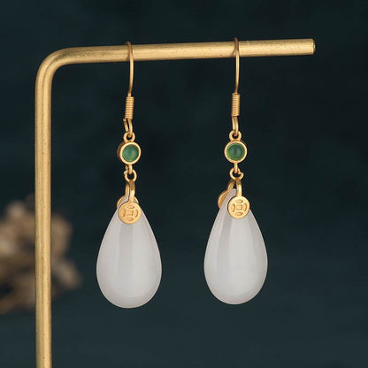 Buddha Stones Fengshui White Jade Luck Drop Earrings