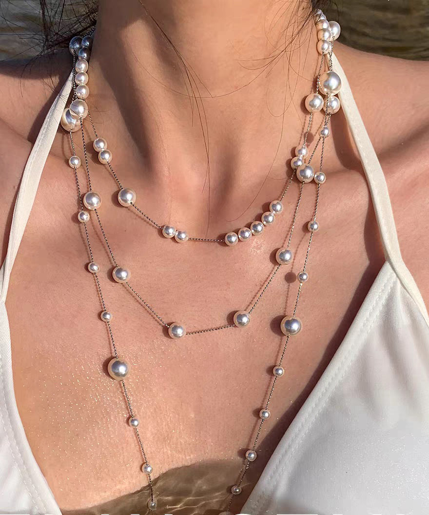 White Copper Overgild Double-layer Pearl Lariat Necklace