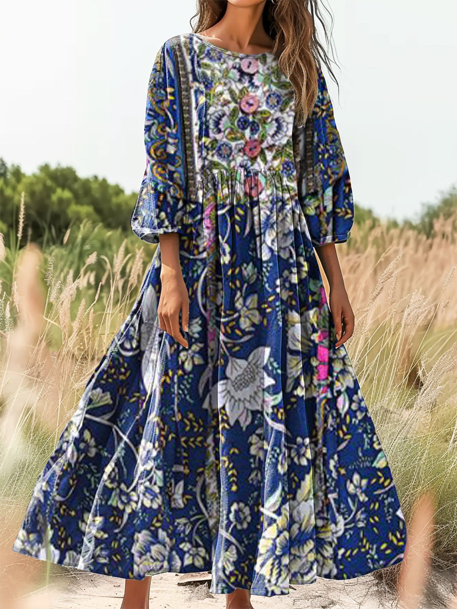 Women's Vintage Ethnic Floral Art Print Flowy Cotton Crew Neck Dress