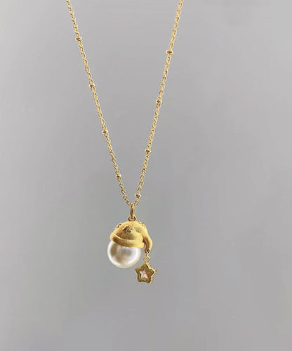 Fine Gold Copper Overgild Zircon Pearl Star Santa's Hat Pendant Necklace