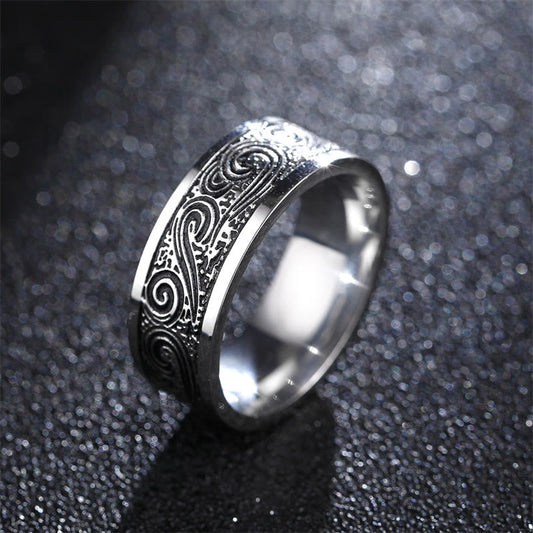 Buddha Stones Wave Auspicious Clouds Engraved Pattern Titanium Steel Balance Ring