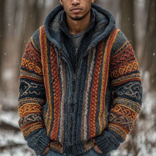 Men's Vintage Colorful Striped Celtic Art Jacquard Thick Warm Zip Hooded Sweater Cardigan elevenforest