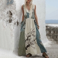 Vintage Cherry Blossoms Splicing  Art Linen V Neck Long Dress elevenforest