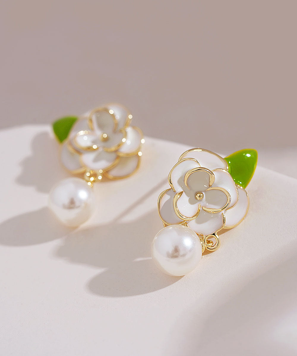 Diy White Sterling Silver Overgild Enamer Pearl Drop Earrings
