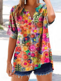 Women's Vintage Floral Art Print Casual Cotton And Linen Shirt
