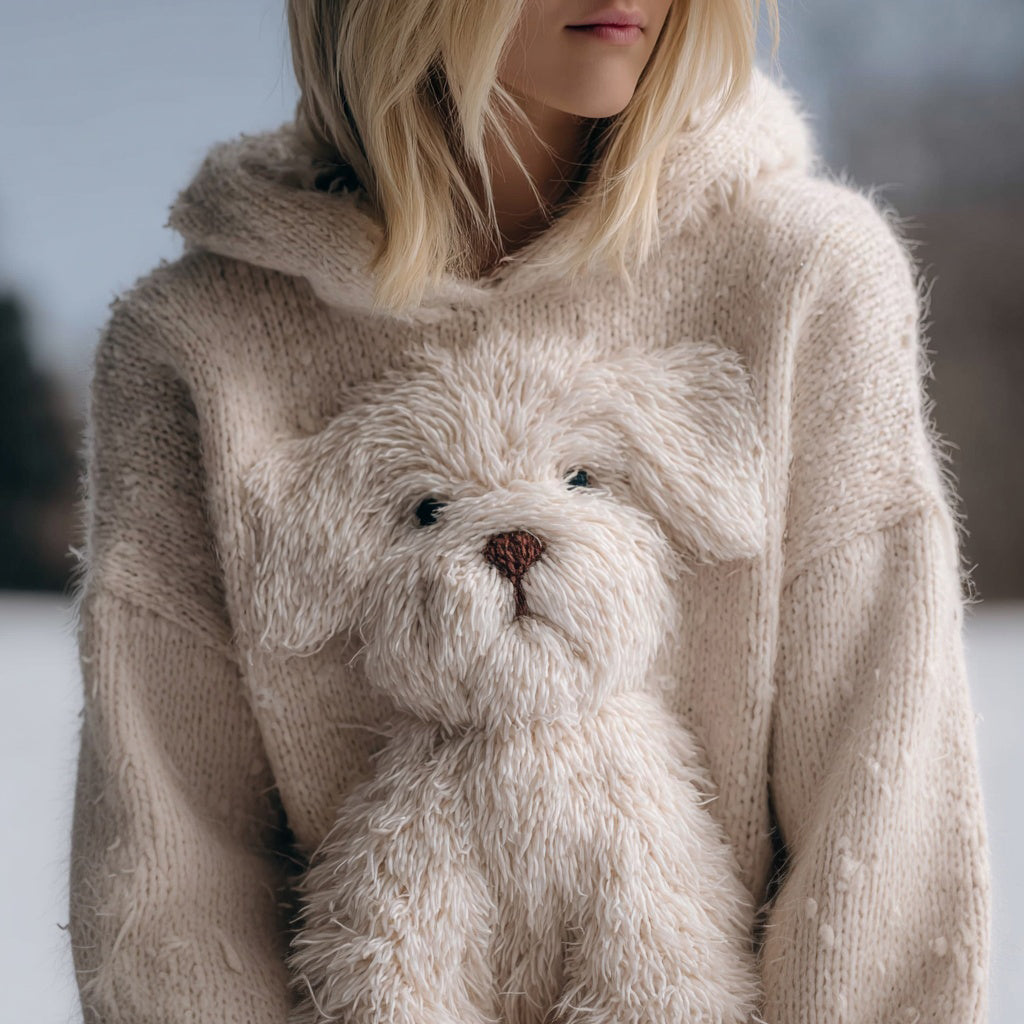 Comstylish Cute Fuzzy Dog Embroidered Cozy Hooded Sweater