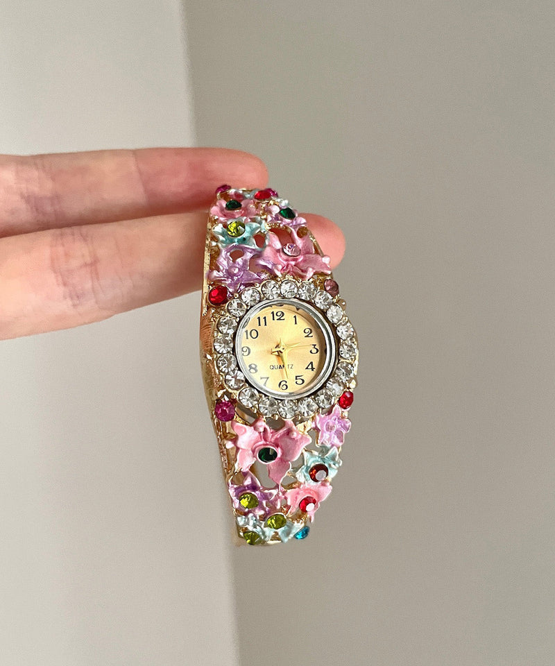 Gold Pink Alloy Zircon Cloisonne Watches