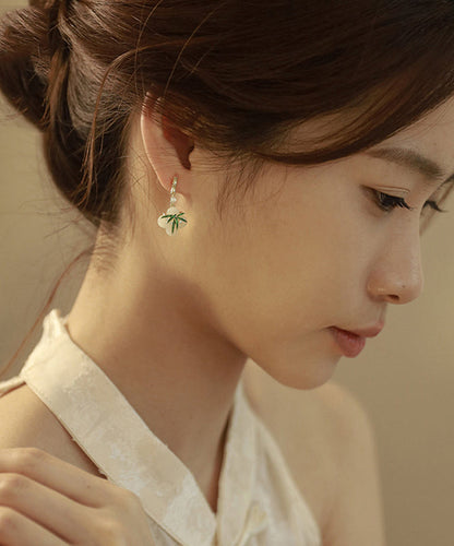 Chinese Style Green Copper Alloy Zircon Resin Bamboo Leaf Drop Earrings