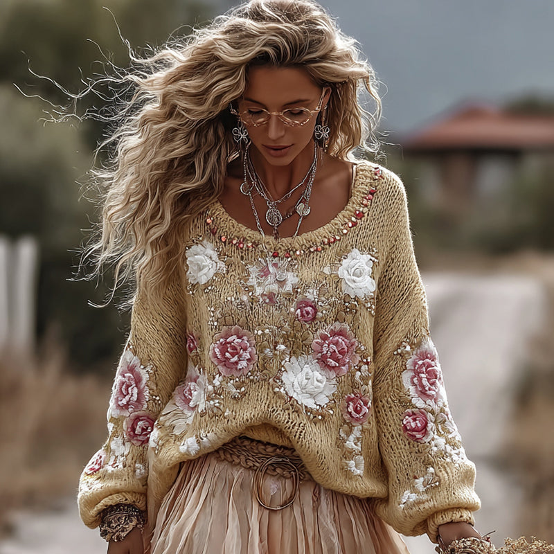 Classic Rose In Gradient Yellow Art Cozy Knit Round Neck Sweater And Linen Skirt Two-piece Set elevenforest