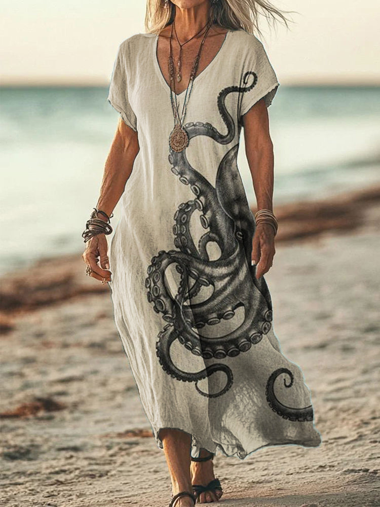 Women's Octopus Art Print Linen Blend Vintage Dress elevenforest