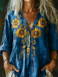 Women's Vintage Bohemian Floral Art Print Casual Cotton Linen Shirt
