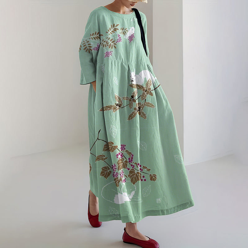 Comstylish Vintage Japanese Floral Art Pattern Flowy Linen Maxi Dress