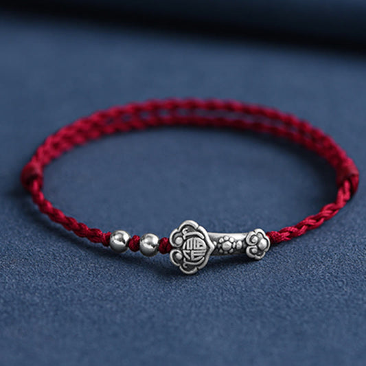 999 Sterling Silver Fu Character Ruyi Handle Red String Bracelet