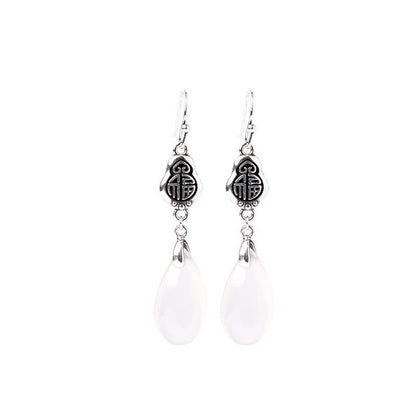 52mm Chalcedony Fu Character Positive Harmony Spiritual Earrings