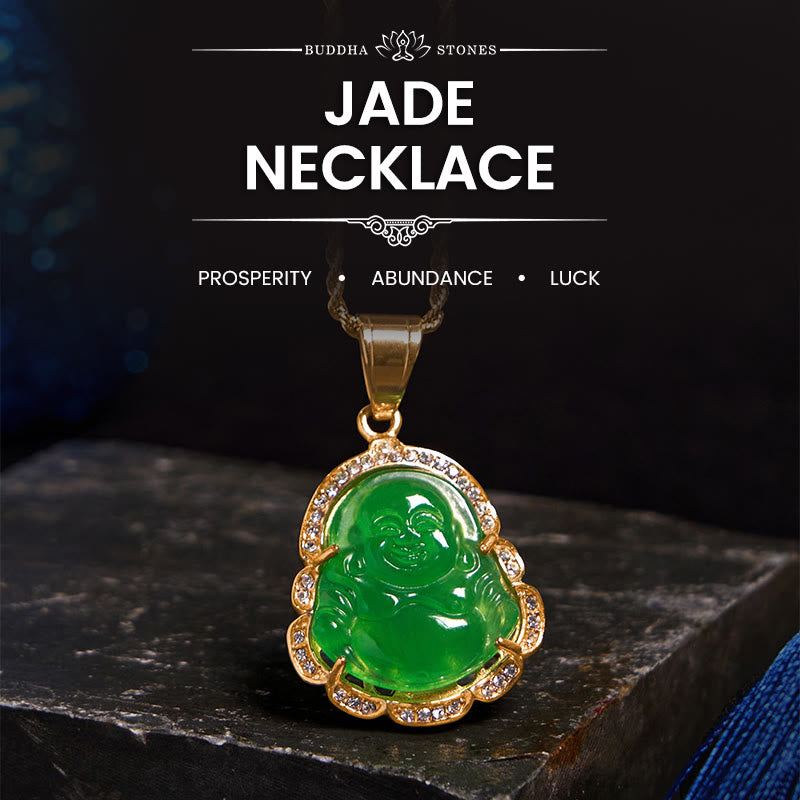 Buddha Stones 18k Gold Filled Laughing Buddha Jade Luck Necklace Chain Pendant