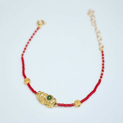 Buddha Stones 24k Gold Plated 925 Sterling Silver Liuli Glass Bead Pixiu Four Leaf Clover Joy and Happiness Wealth Bracelet