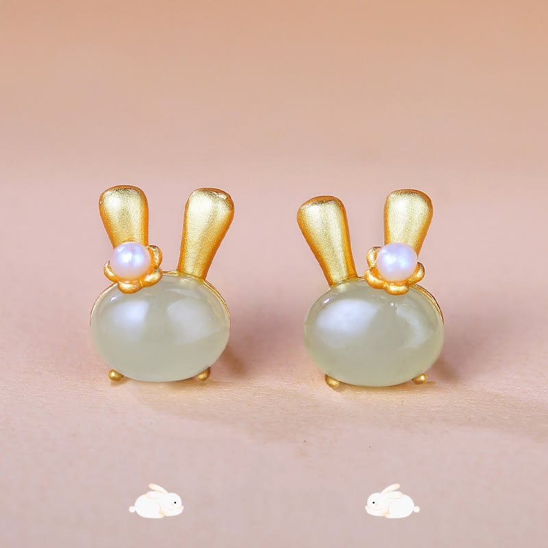 Buddha Stones 925 Sterling Silver Natural Hetian Jade Rabbit Pearl Abundance Earrings