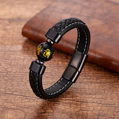 Buddha Stones Lazurite Lapis Lazuli Black Onyx Tiger Eye Lava Rock Om Mani Padme Hum Serenity Leather Bracelet