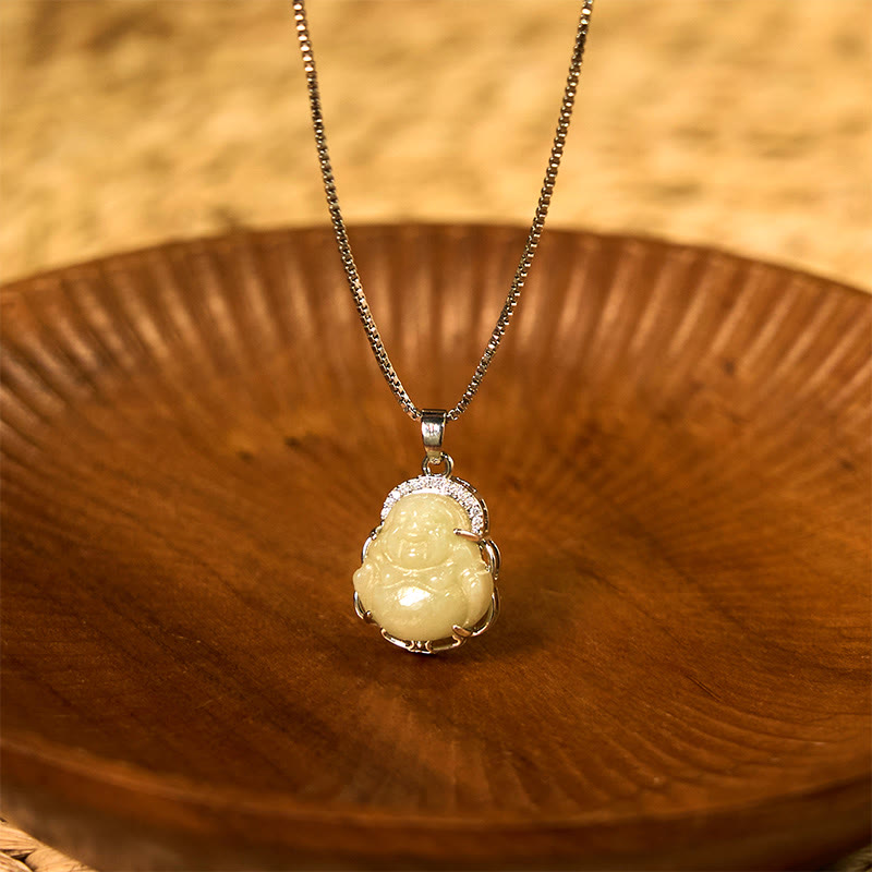 Buddha Stones Natural Hetian Jade Laughing Buddha Abundance Necklace Pendant