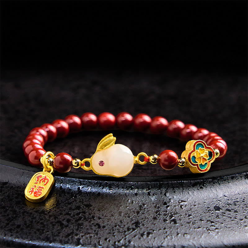 Buddha Stones Cinnabar Rabbit Bunny Fu Character Calm Bracelet