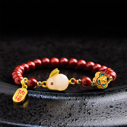 Buddha Stones Cinnabar Rabbit Bunny Fu Character Calm Bracelet