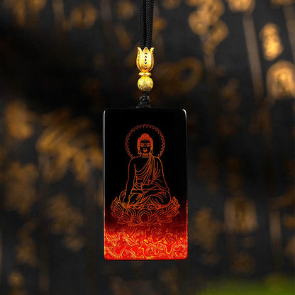 Buddha Stones Chinese Zodiac Natal Buddha Fu Character Lacquer Craft Sandalwood Pendant Necklace